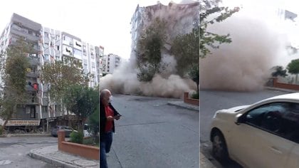 El momento en que un edificio colapsa en la ciudad turca de Esmirna (Ragip Soylu/Twitter)