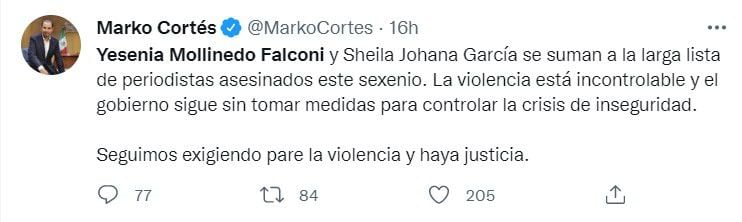 Marko Cortés lamentó que las comunicadoras se sumen a la larga lista de periodistas asesinados en este sexenio (Foto: Twitter/@MarkoCortes)