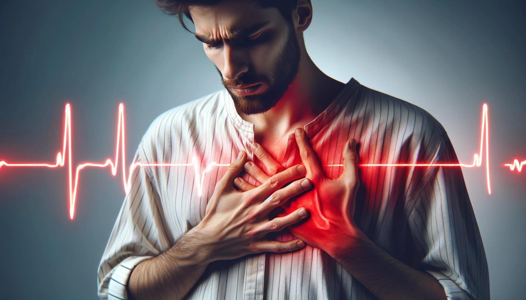 Imagen gráfica de una persona expresando dolor en el pecho, resaltado en rojo. Se visualiza una representación de electrocardiograma. Conciencia sobre riesgos cardíacos, cuidado del corazón y la importancia de la salud. (Imagen ilustrativa Infobae)