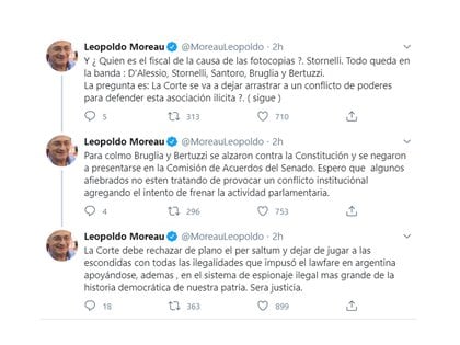 Tuit de Leopoldo Moreau cuestionando a Bruglia y Bertuzzi, y exigiendo que la Corte rechace sus amparos presentados vía Per Saltum