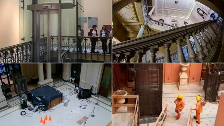 Arriba: el ascensor que ya existía y una escalera de mármol de la Casa de Gobierno; abajo: imágenes de las refacciones 