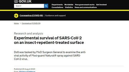 Estudio del Ministerio de Defensa británico - Experimental del SARS-CoV-2 en una superficie tratada con repelente de insectos (Ministerio de Defensa Reino Unido)