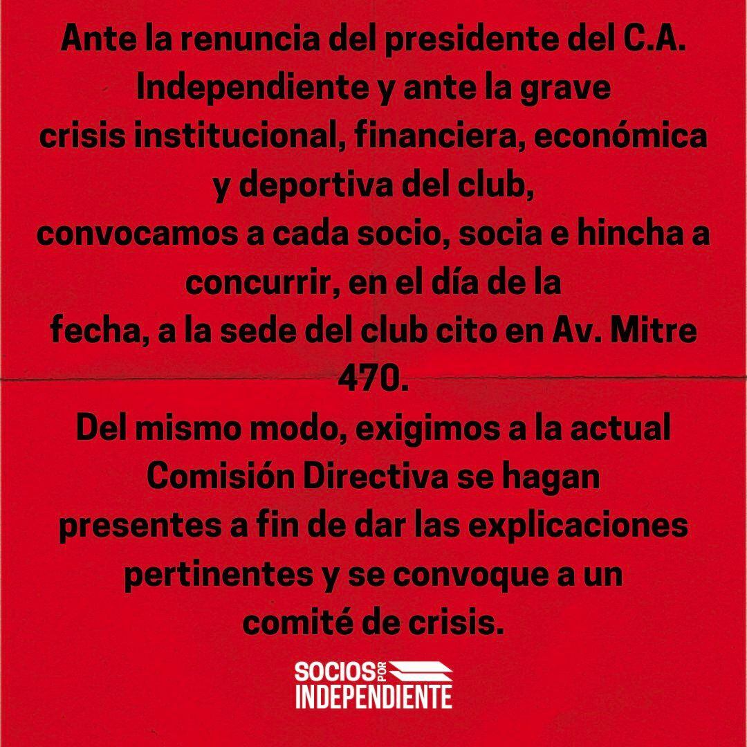 El folleto de la agrupación Socios de Independiente tras la renuncia de Fabián Doman