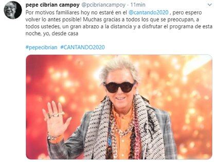En el comunicado del martes 25, Pepe CibriÃ¡n analizaba la posibilidad de regresar al Cantando 2020 (Foto: Twitter)