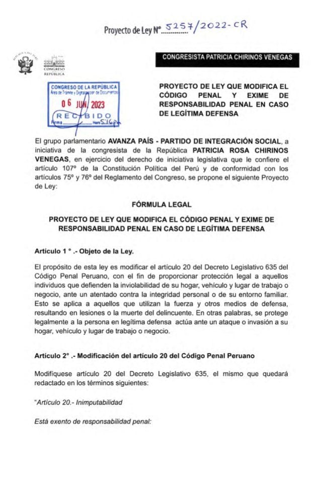 Proyecto de ley presentado por la congresista Patricia Chirinos (Avanza País).