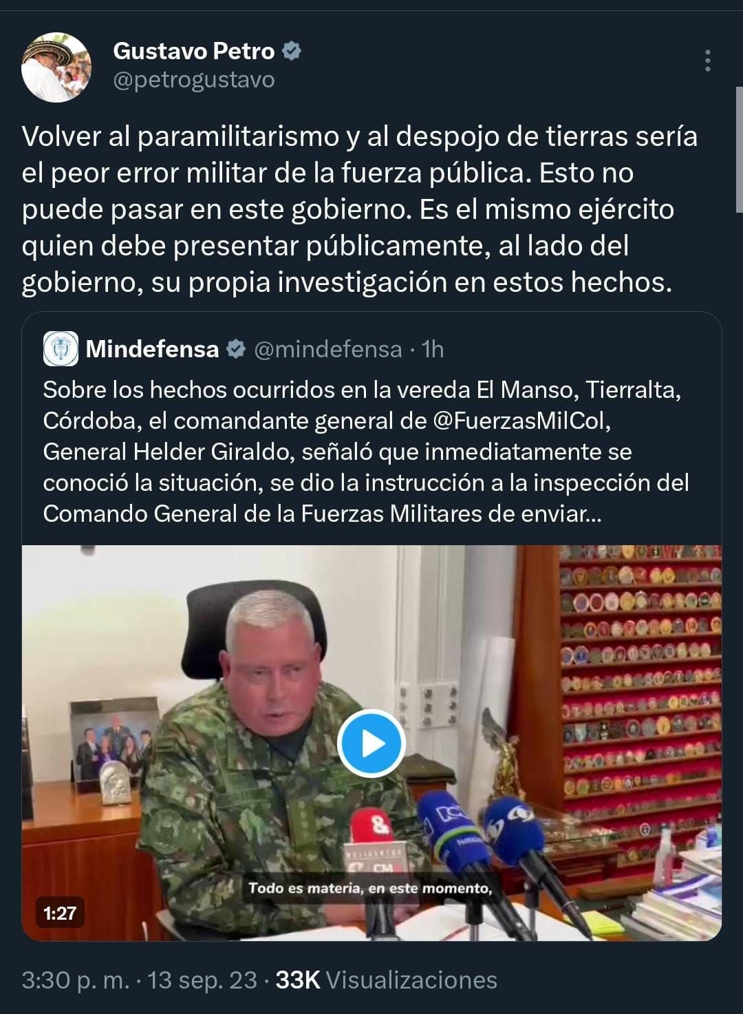 El presidente rechazó cualquier incursión que sea entendida como un retorno del paramilitarismo en el país - crédito @petrogustavo/X