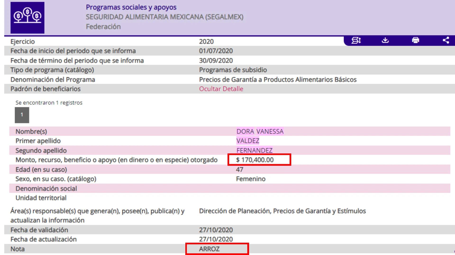 Ficha de uno de los reportes sobre apoyos otorgados a Valdéz Fernández desde Segalmex. (PNT)