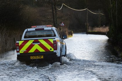 A truck rides through a flooded road after Storm Christoph hit Wales, in Tenby, Britain, January 21, 2021. REUTERS/Rebecca Naden
