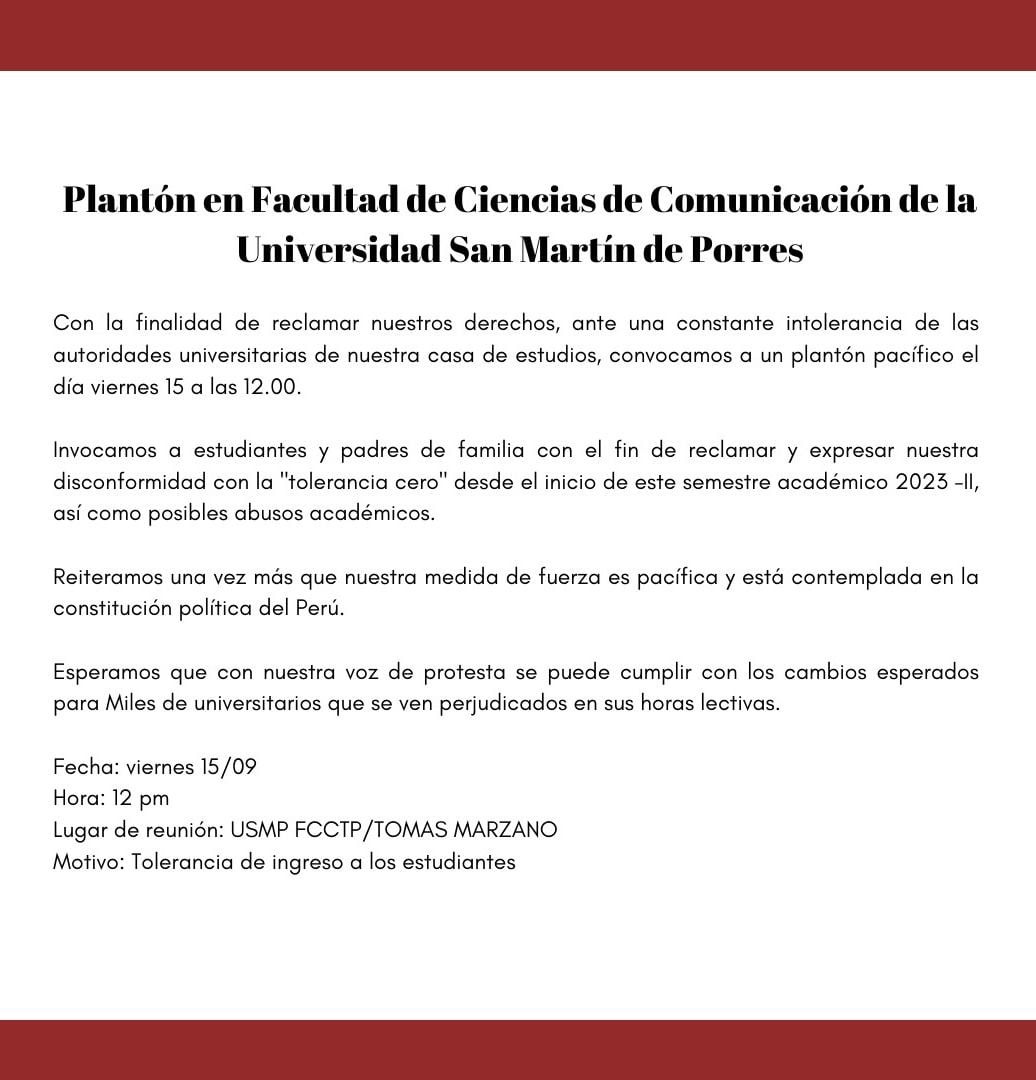 Through social networks (@tioconfeusmp) the announcement was made of the 'Sit-in at the Faculty of Communication Sciences of the San Martín de Porres University' that would bring together the students on Friday, September 15 at 12:00 pm