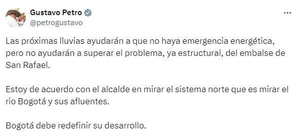 El presidente indicó que la emergencia energética no sería decretada en los próximos días en caso de seguir presentándose precipitaciones - crédito Gustavo Petro / X