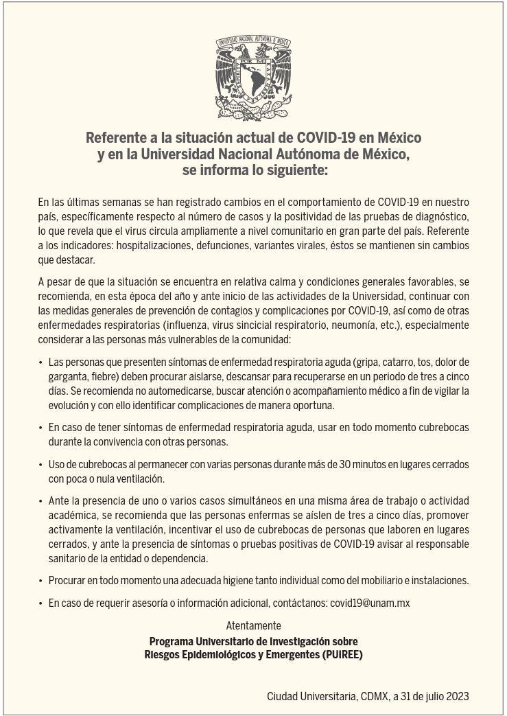 Comunicado UNAM sobre el Covid-19 en México.