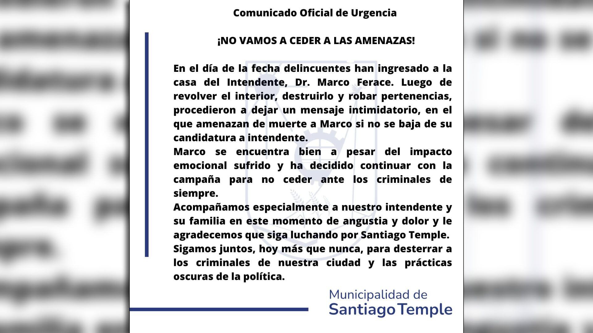 Marcelo Ferace es intendente de Santiago Temple