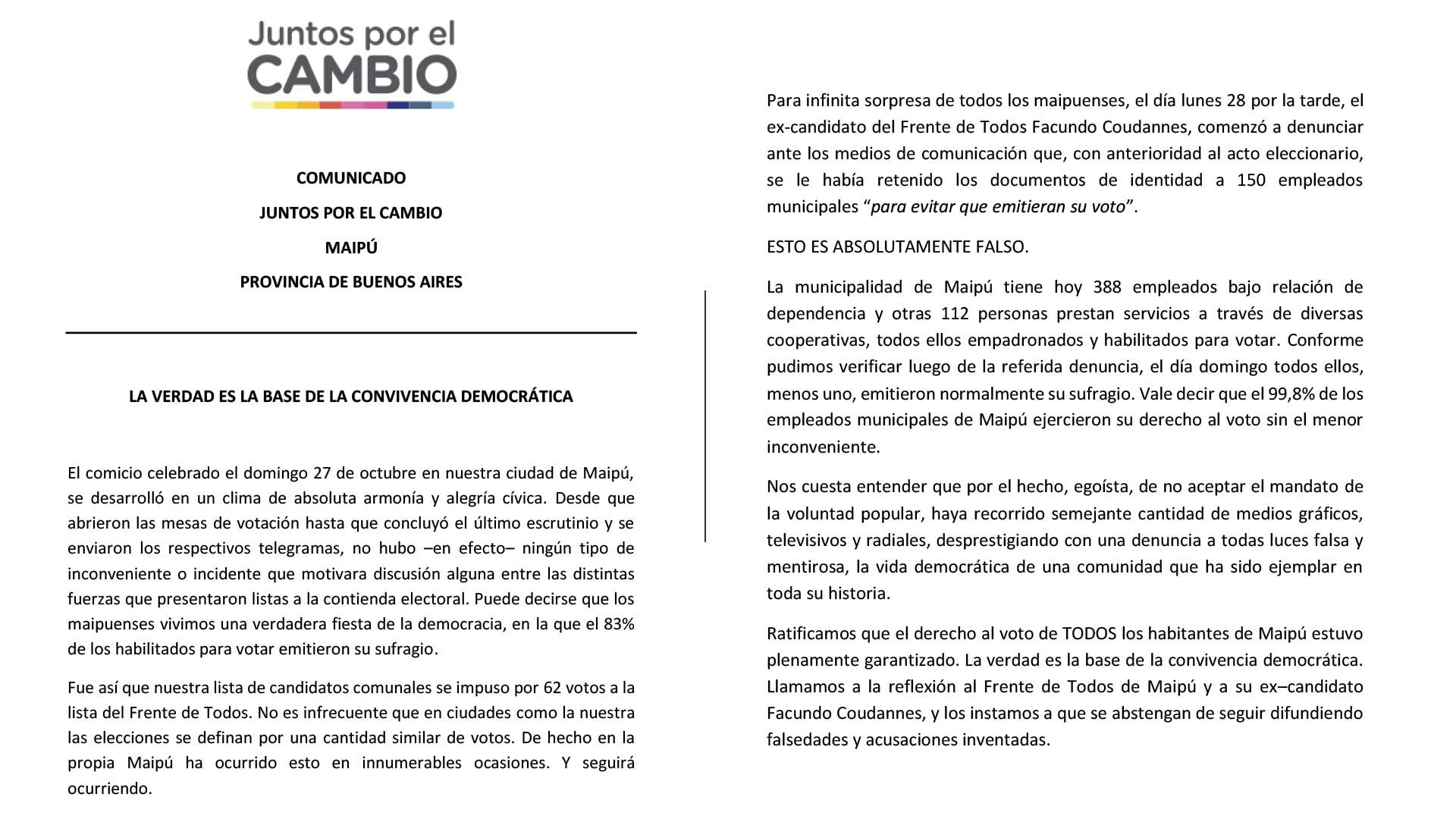 Comunicado de Juntos por el Cambio desmintiendo la presunta "retención" de DNI en Maipú.