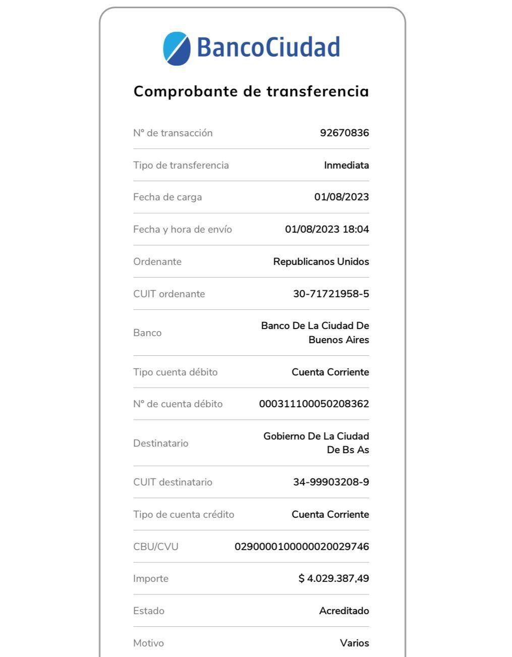 El legislador porteño publicó el ticket de la transferencia en las redes sociales (Twitter @Robergmoritan)