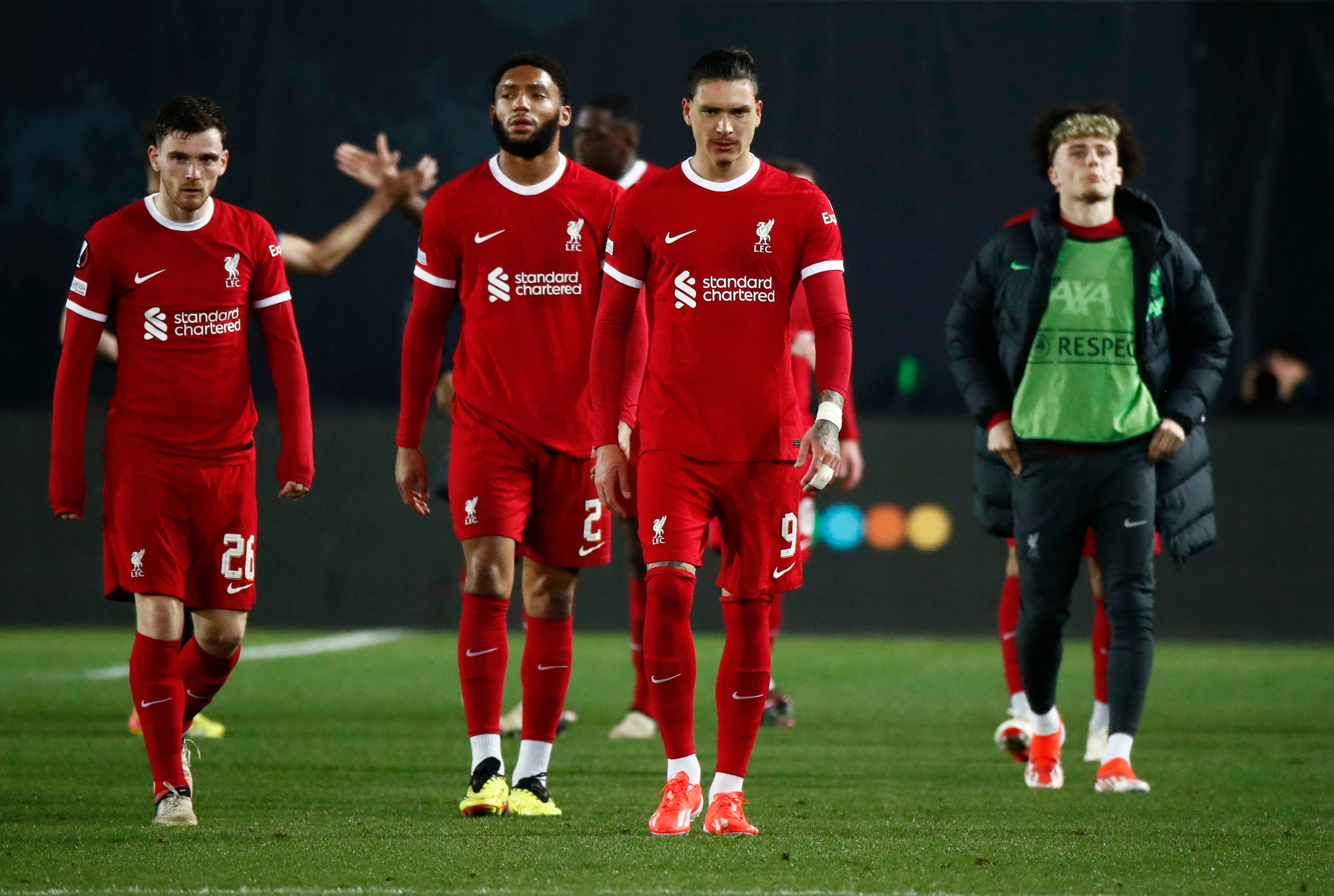 Liverpool derrotó 1-0 a Atalanta, pero no le alcanzó para remontar la serie en la Europa League - crédito Alessandro Garofalo/REUTERS