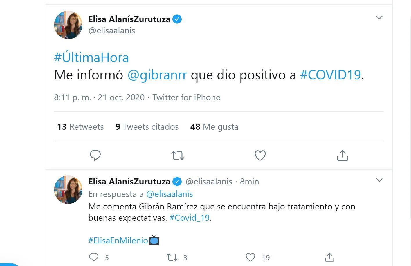 Elisa Alaníz confirmó que Gibrán Ramírez tiene coronavirus (Foto: Twitter /@elisaalanis)