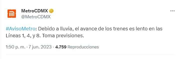 La lluvia afectó el servicio en el Metro de la CDMX (Twitter @MetroCDMX)