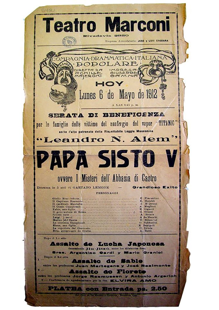 Un afiche del 6 de mayo de 1912: el Teatro Marconi, ubicado en Rivadavia 2380