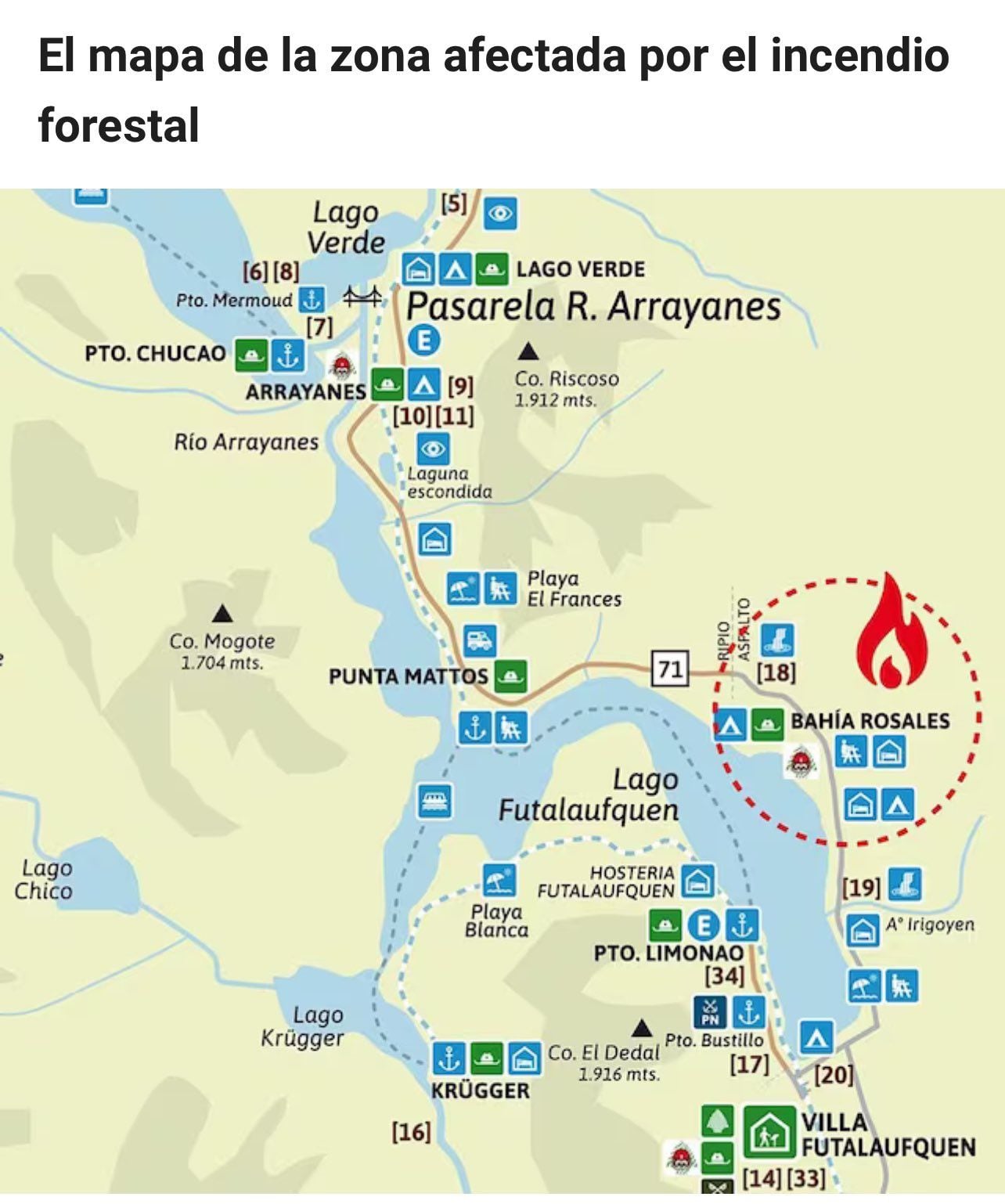 Mapa zona afectada por los incendios en el Parque Nacional Los Alerces