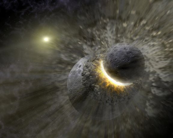 Representación del impacto de un planeta primitivo contra la Tierra, lo que permitió la formación de la Luna (NASA)