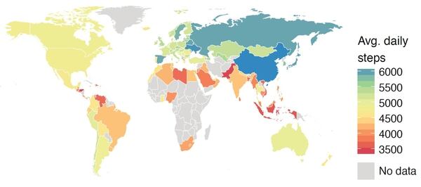 El mapa de la actividad física en el mundo. Cuanto más color azul, más pasos al día son dados. Y, cuanto más color rojo, menor actividad registrada por el móvil (Universidad de Stanford)