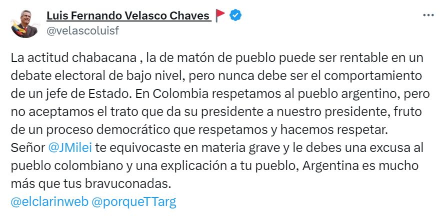 El ministro del Interior, Luis Fernando Velasco, solicitó una disculpa por parte del presidente argentino Javier Milei