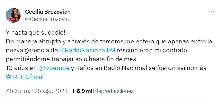 Cecilia Brozovich anuncia que la despidieron de Radio Nacional. | Twitter