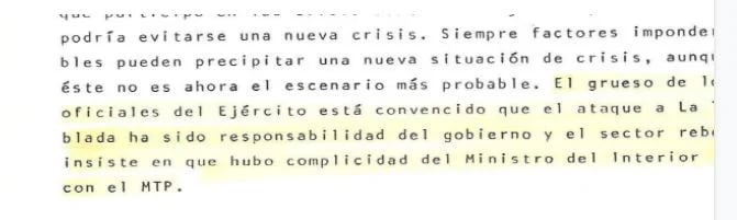 Párrafo de otro de los informes al entonces candidato presidencial Carlos Menem