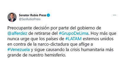El mensaje de Marco Rubio en Twitter