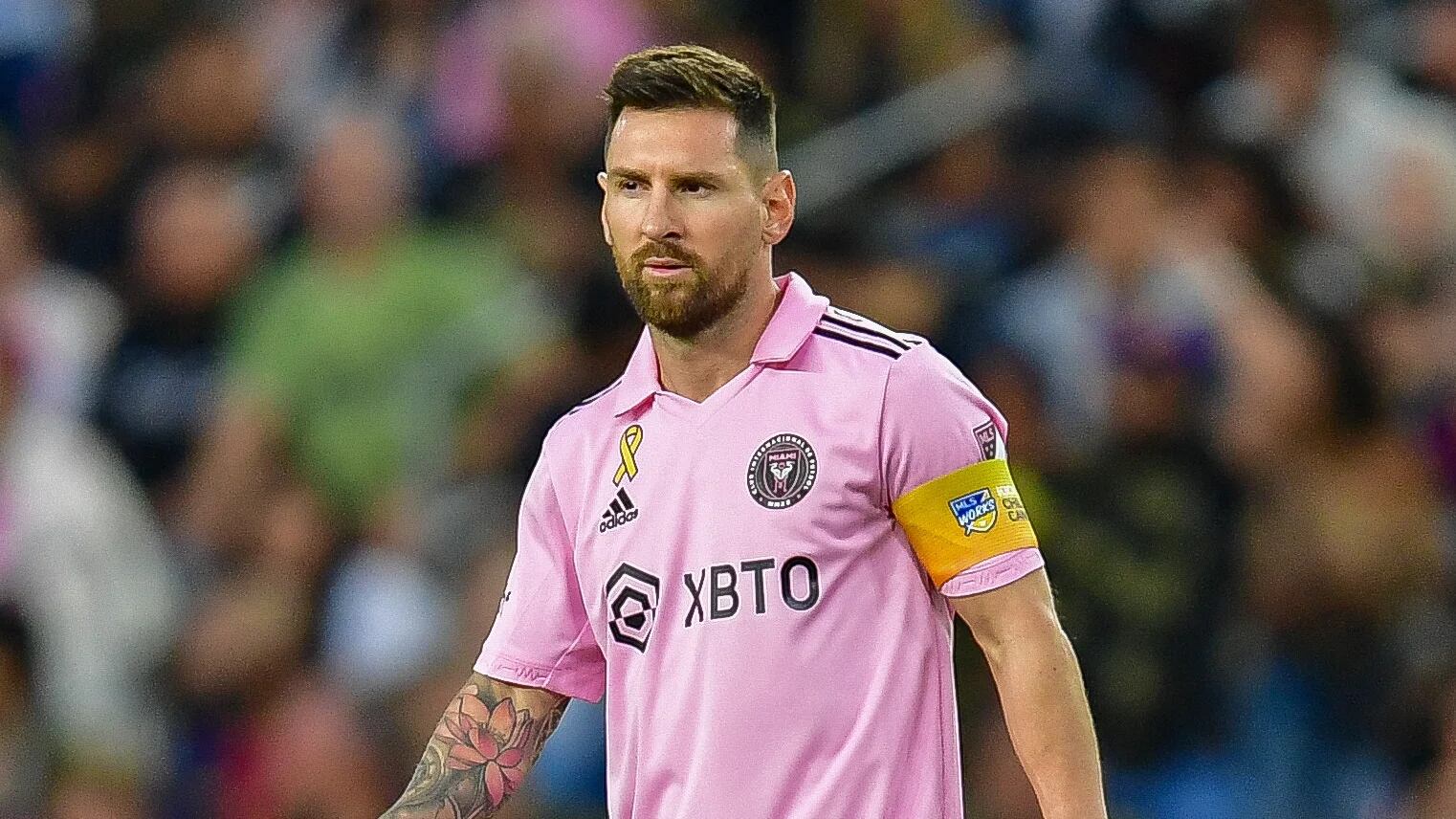 Sep 3, 2023; Los Angeles, California, USA; Inter Miami forward Lionel Messi (10) against the Los Angeles FC at BMO Stadium. Mandatory Credit: Gary A. Vasquez-USA TODAY Sports