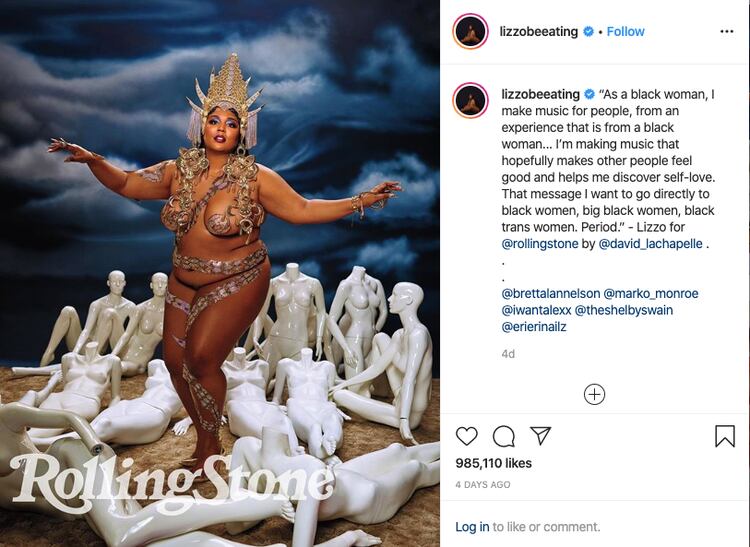 Lizzo publicó en su cuenta de Instagram varios de los retratos de David LaChapelle que destacan su cuerpo ni blanco ni delgado como la mayoría de los que se ven en la escena pop.