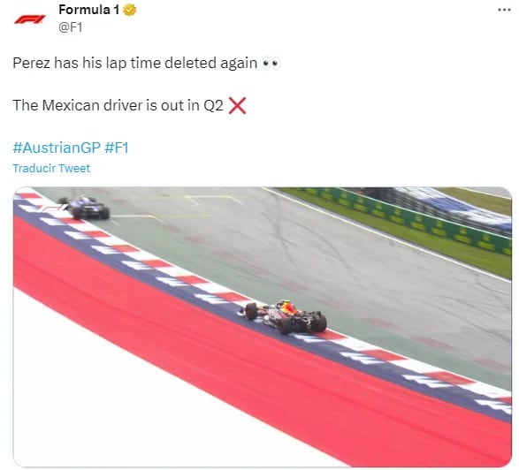 El piloto mexicano fue sancionado por rebasar los límites de pista

Foto: Captura de pantalla, Twitter/ fórmula 1