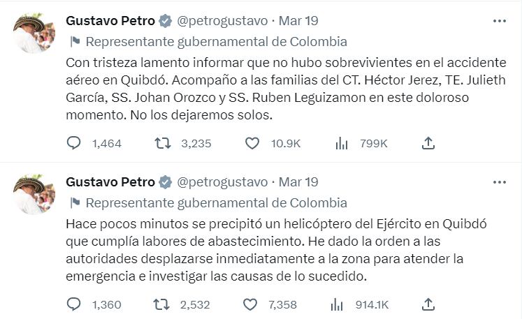 Mensajes del presidente Petro sobre accidente de helicóptero del Ejército en el Chocó