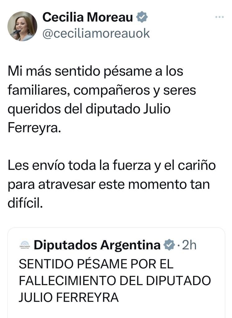 Tuit de Cecilia Moreau sobre la muerte de Julio Ferreyra