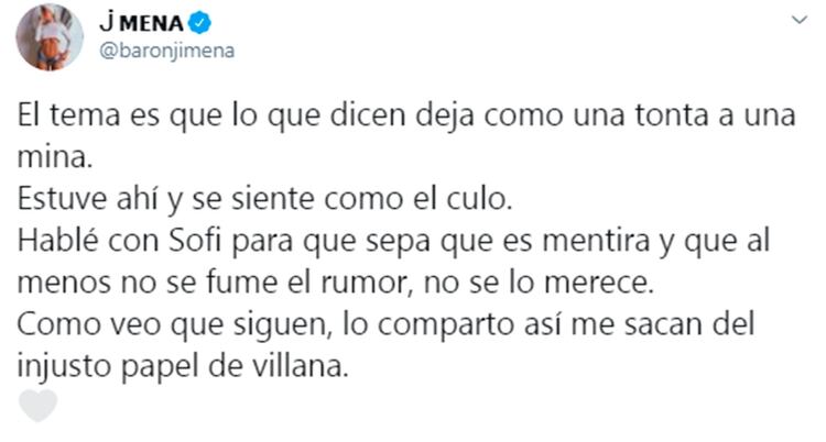 El mensaje de Jimena Barón en Twitter 