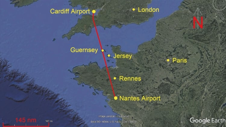 Mapa del ruta del Piper Malibu de Nantes a Cardiff.