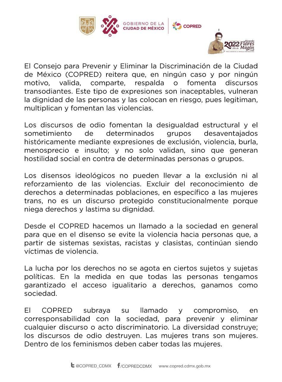 COPRED statement on transphobic discourse from UNAM