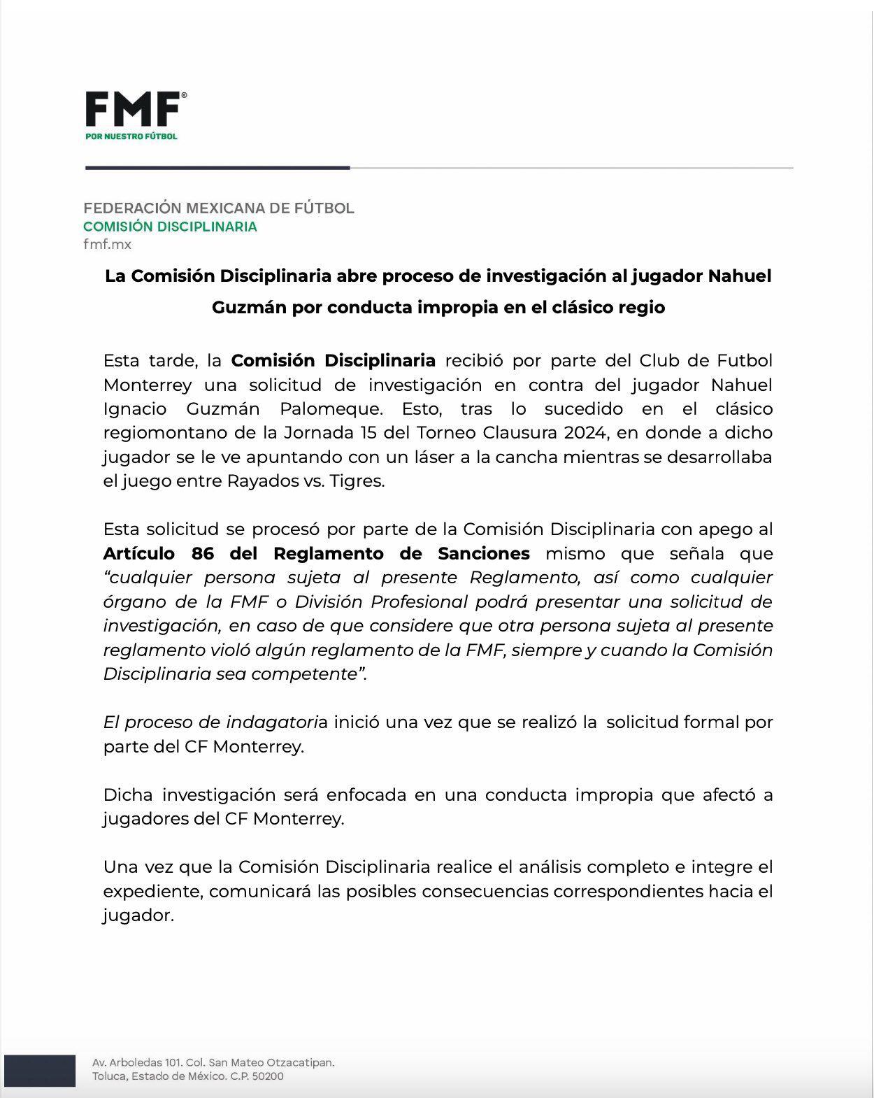Nahuel Guzmán será investigado por la Comisión Disciplinaria de la FMF
