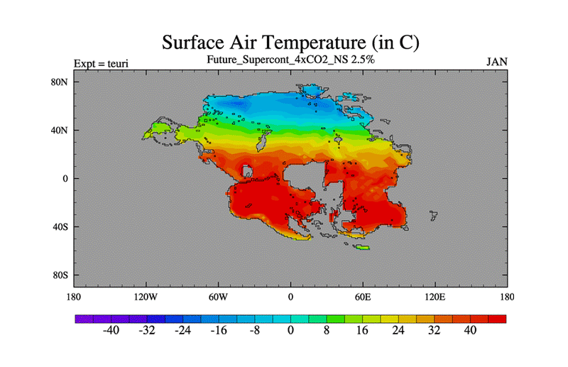 Una imagen animada que muestra las temperaturas promedio mensuales del aire en superficie de la Tierra dentro de 250 millones de años en el futuro, cuando todos los continentes se fusionen para formar el próximo supercontinente Pangea Última/ Universidad de Bristol
