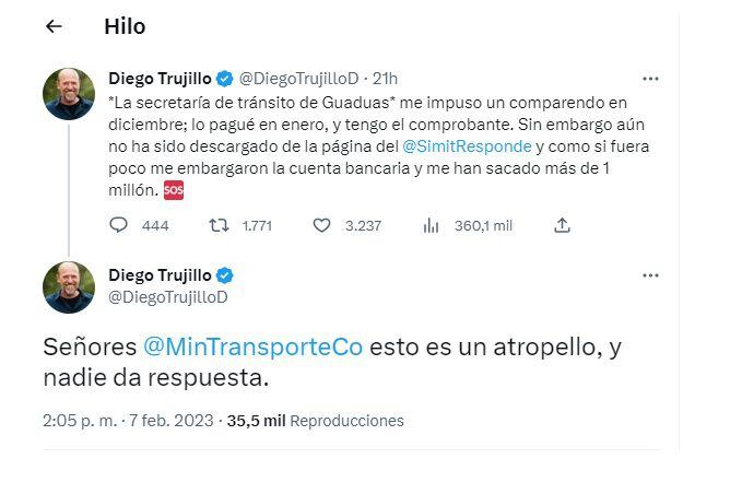 Tuit denuncia del actor bogotano Diego Trujillo