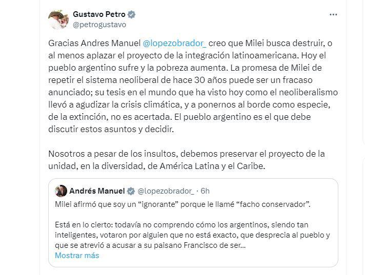 El descargo del presidente colombiano en las redes sociales contra Javier Milei