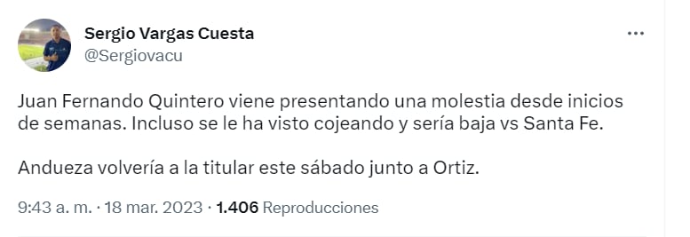 Juan Fernando Quintero al parecer estaba con la lesión de tobillo después del juego ante Envigado del 12 de marzo