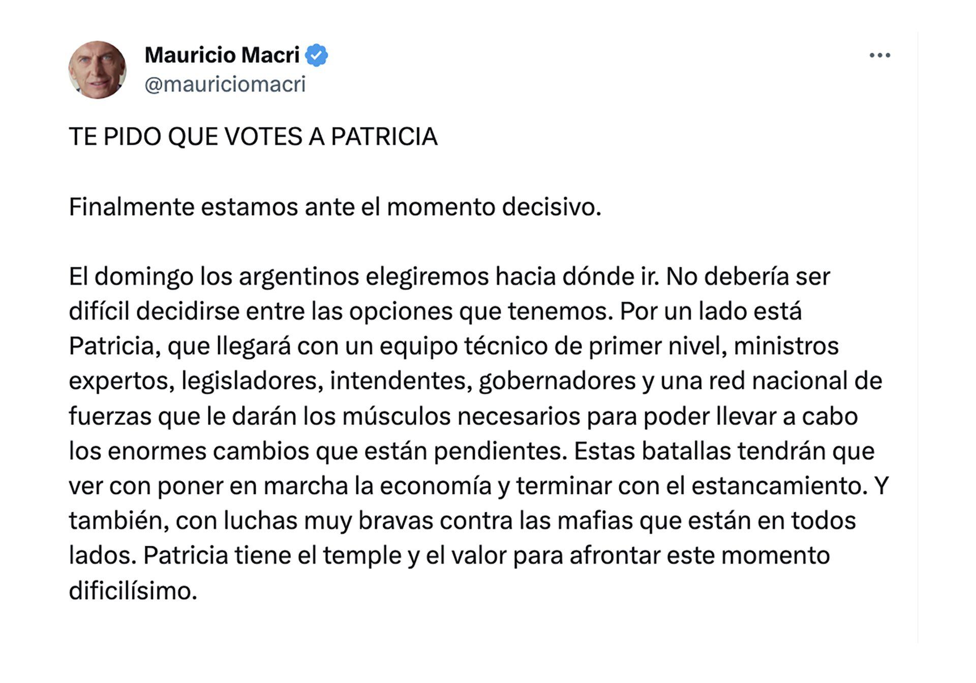 La carta de Mauricio Macri publicada en sus redes sociales