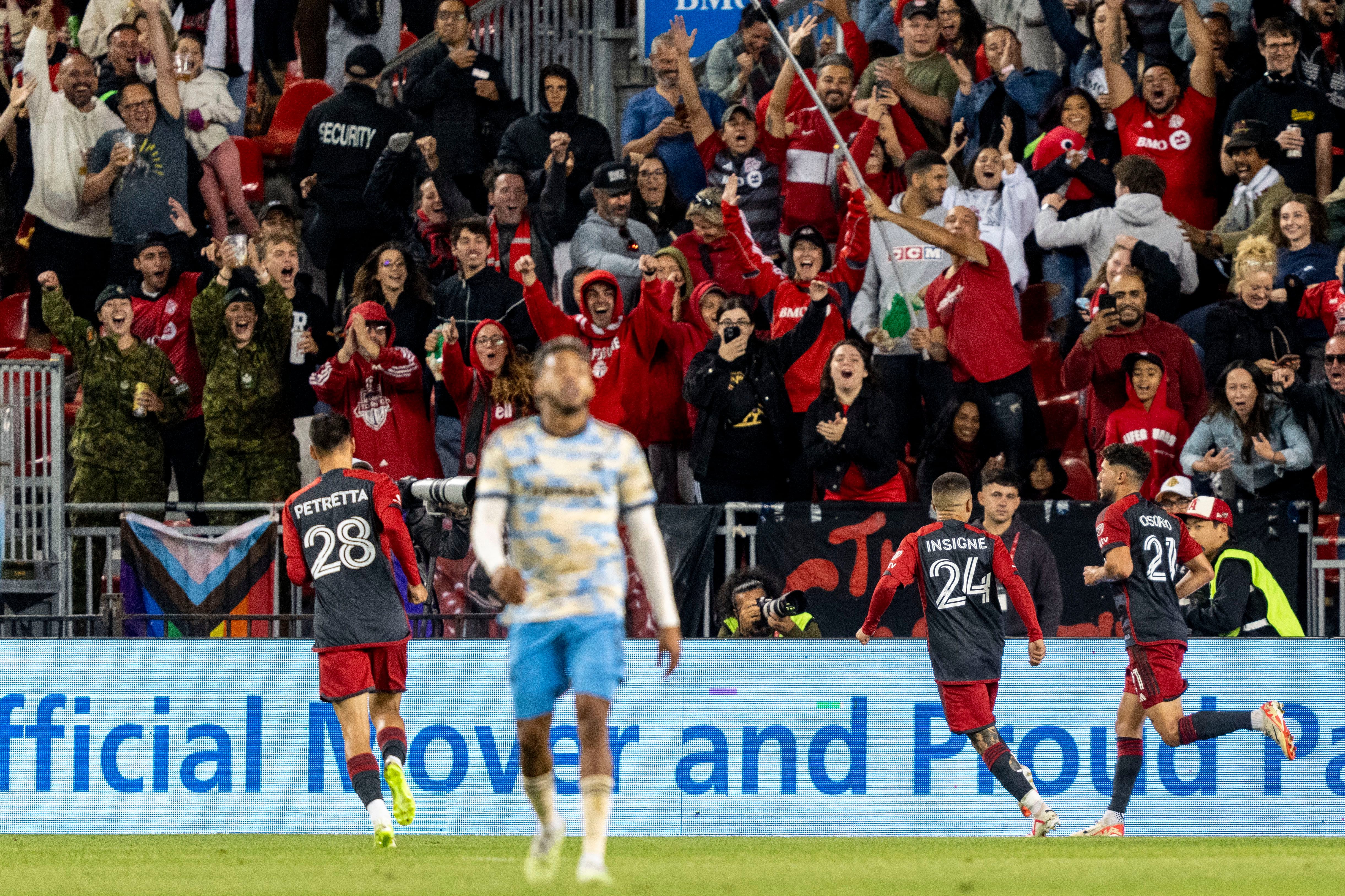 Aug 30, 2023; Toronto, Ontario, CAN; Toronto FC midfielder Jonathan Osorio (21) celebrates after scoring against the Philadelphia Union during the second half at BMO Field. Mandatory Credit: Kevin Sousa-USA TODAY Sports