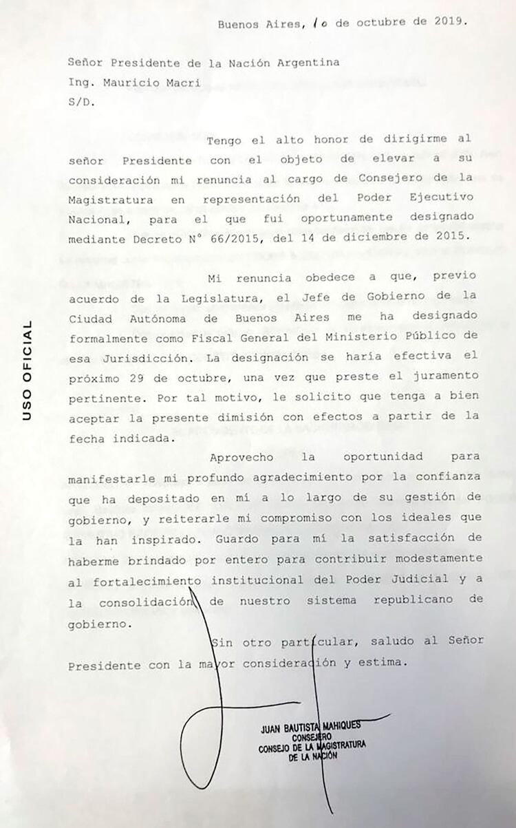 La carta de renuncia dirigida a Mauricio Macri 