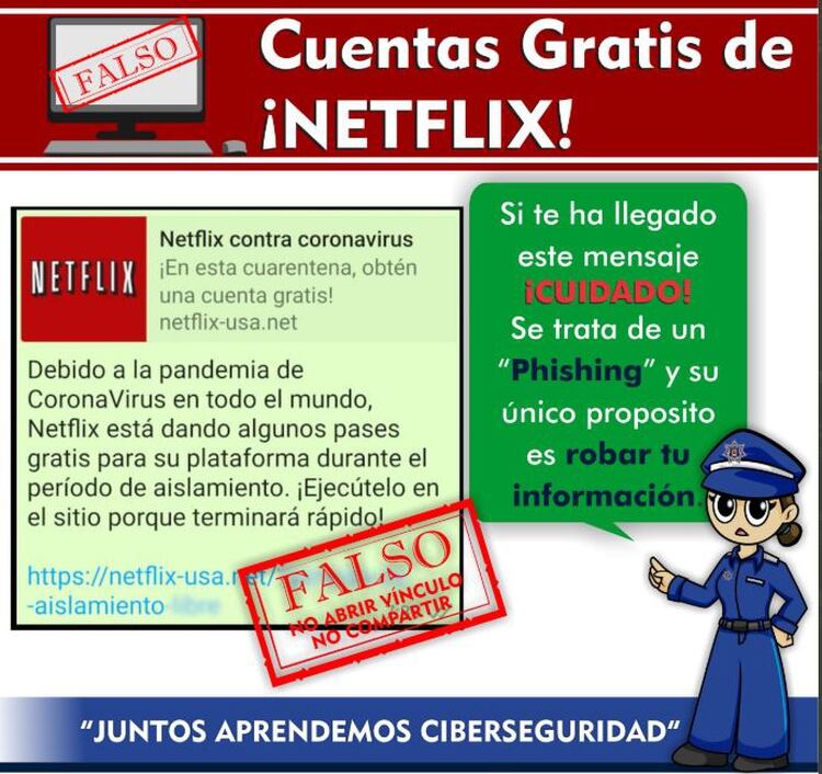 Mientras bajaban ciertos crímenes aumentaron los ciber delitos. Aquí se advierte de una falsa publicidad para obtener el servicio de streaming gratis. (Foto: Twitter/@CiberpoliciaT)