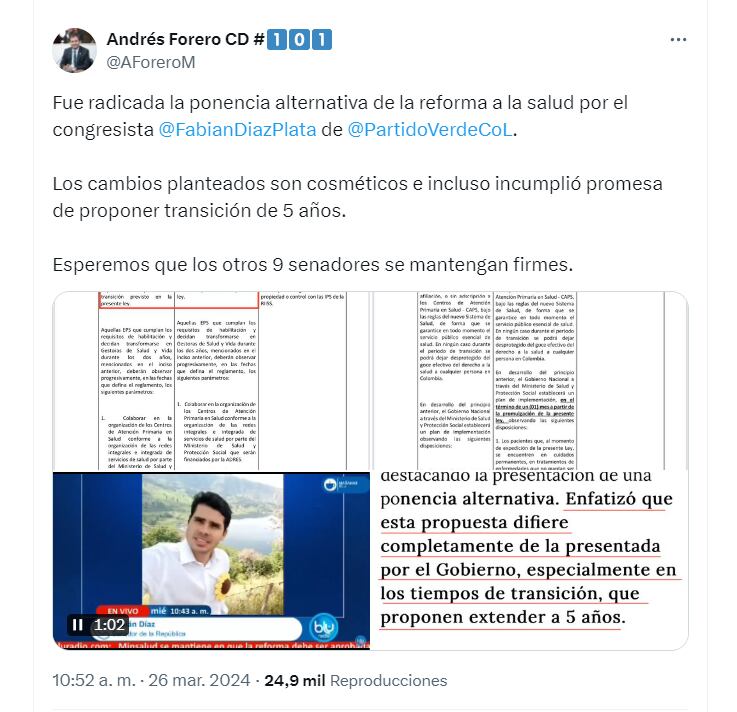 Andrés Forero se fue en contra del senador Fabián Díaz por la radicación de una ponencia alternativa sobre la reforma a la salud - crédito @AForeroM/X