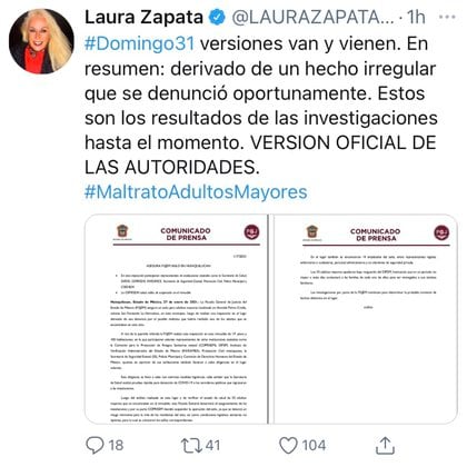 Laura Zapata vía Twitter (@LAURAZAPATAM)