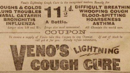 Con la velocidad de un rayo prometía curar la tos el antitusígeno Veno’s. (Archivo Británico de Periódicos)