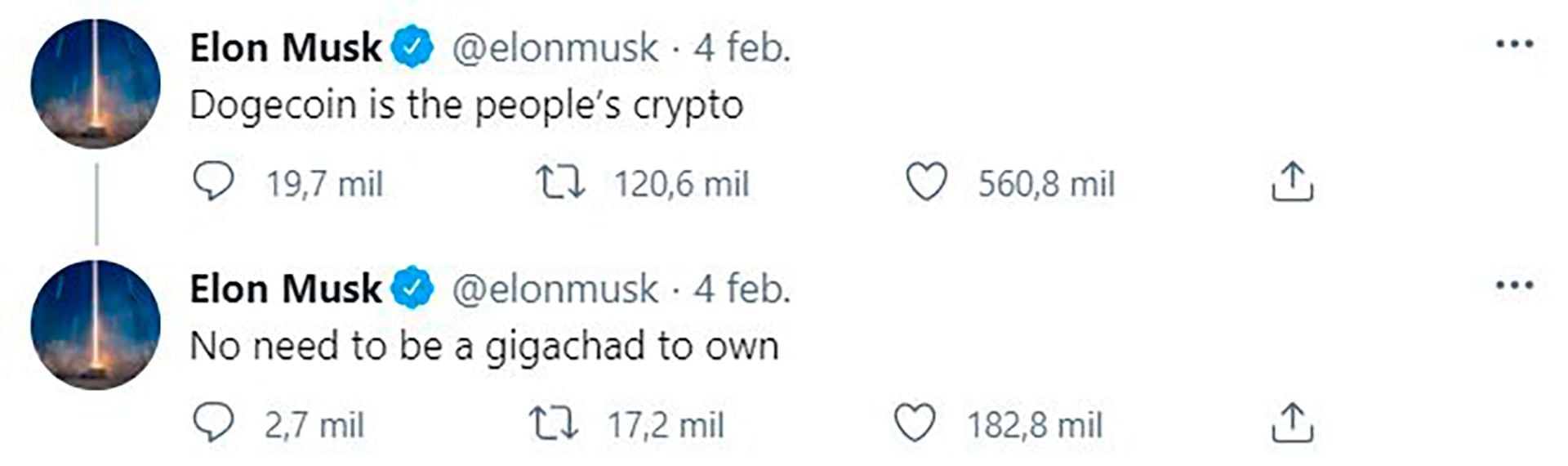 Uno de los tweets de Musk en apoyo al Dogecoin